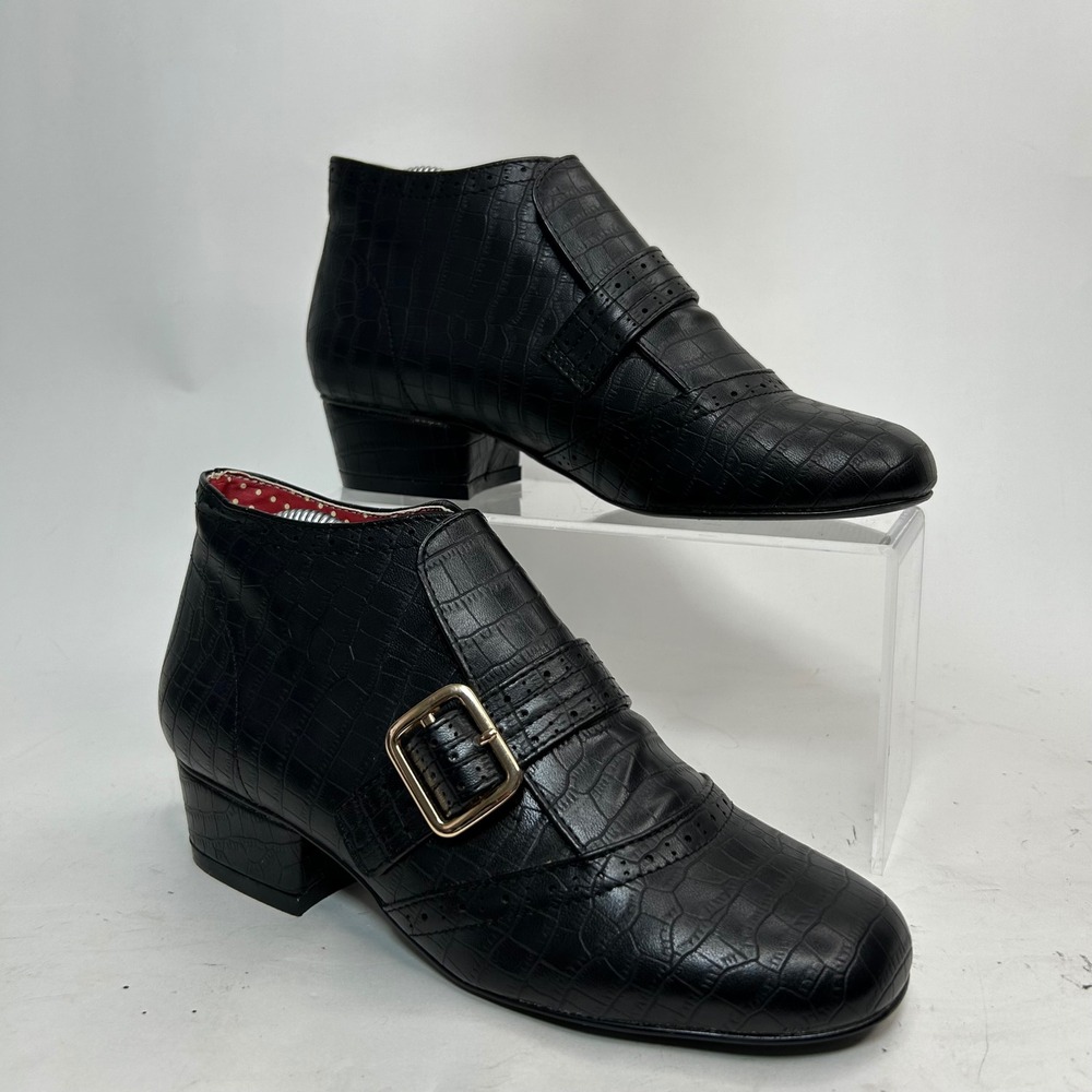 BAIT Madeline Mod Bootie Black Croc Embossed Monk Strap Ankle Boots Retro Size 7 - Picture 10 of 11